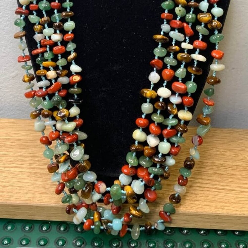 Vintage Natural Jade and Multi Gemstone 3 Strand Chip Bead Necklace